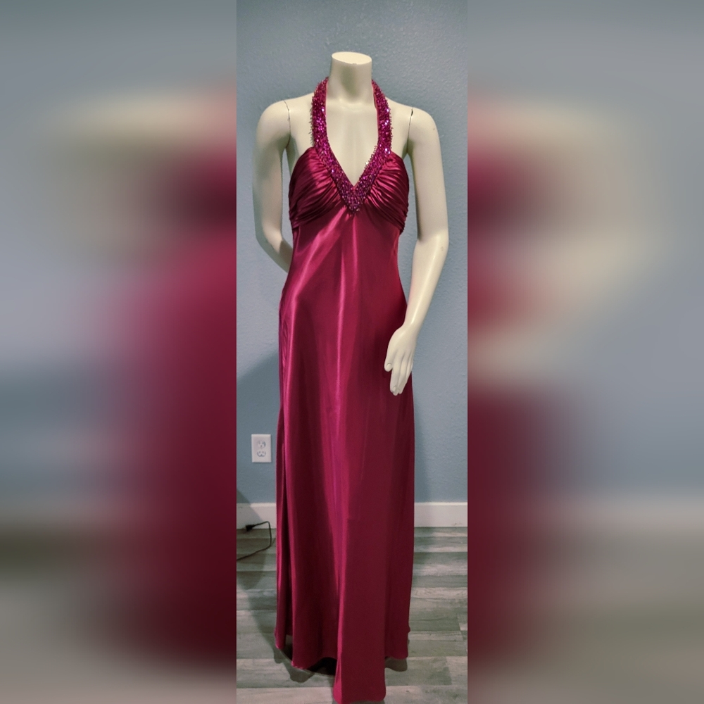 Vintage 90s Morgan And Co Formal Long Dress Barbie Pink Beaded Satin Size 13/14 - Picture 2 of 10